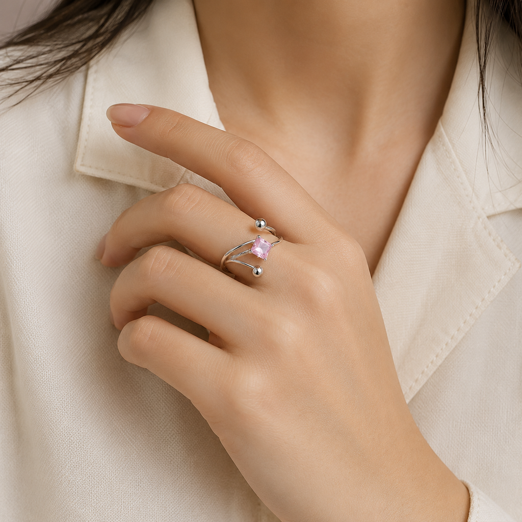 Pink Crystal Open Ring – Silver