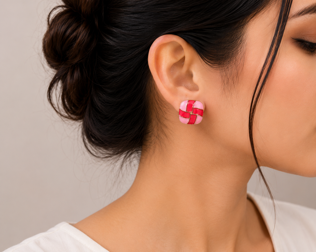 Rosy Weave Enamel Studs – Pink Red