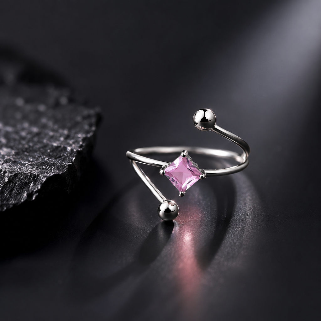 Pink Crystal Open Ring – Silver
