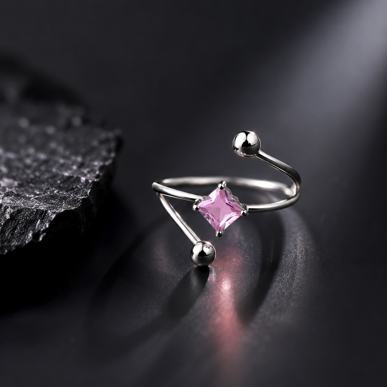 Pink Crystal Open Ring – Silver