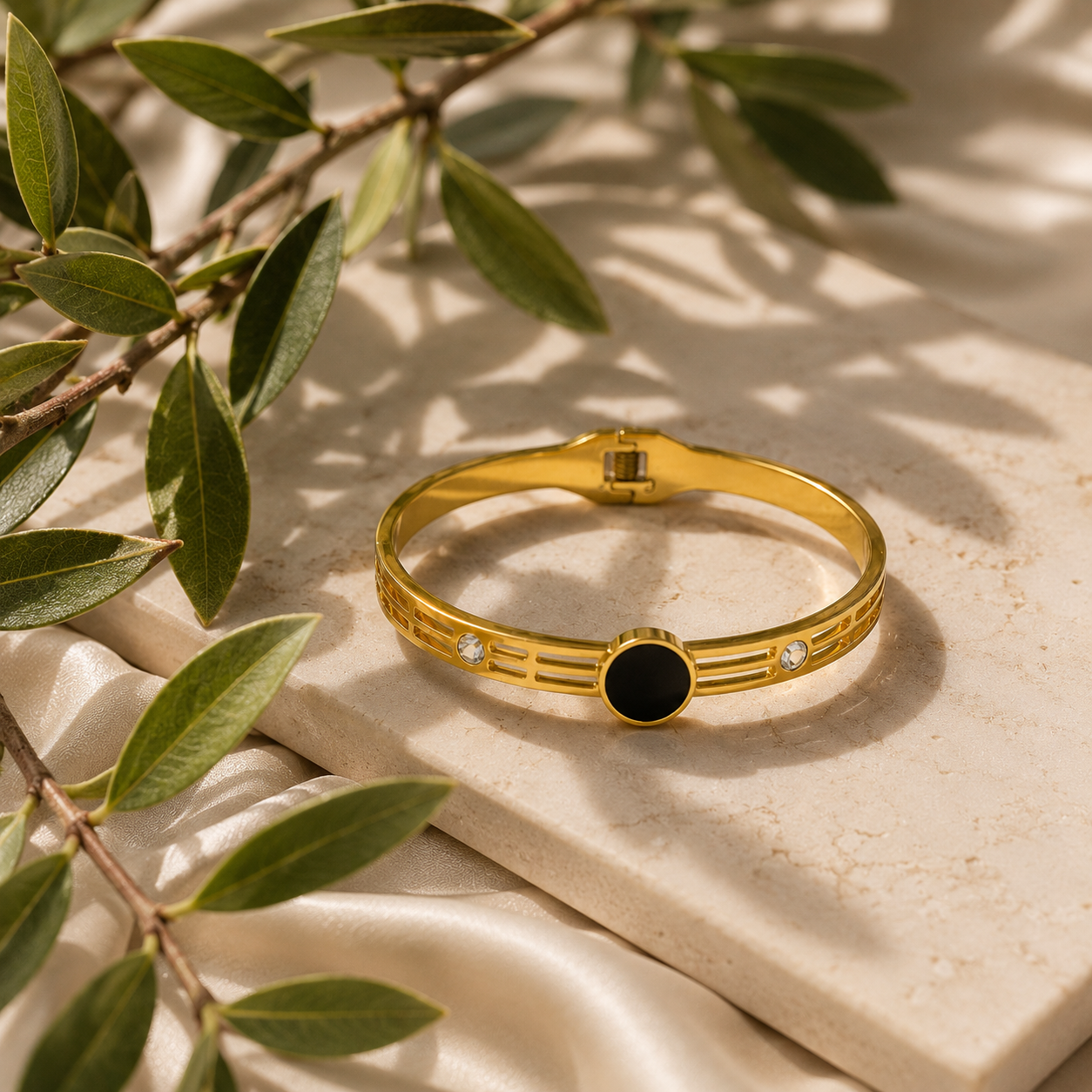 Black Onyx Gold Bangle Bracelet