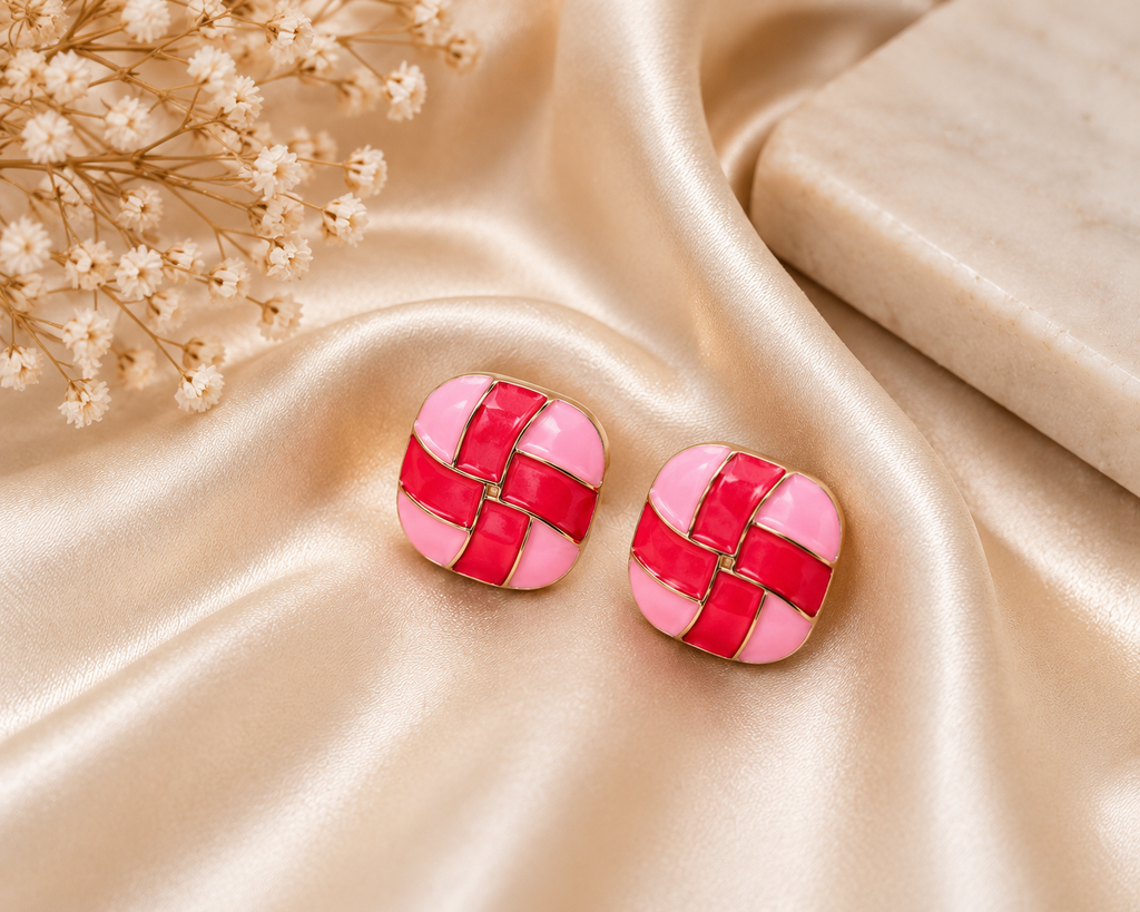 Rosy Weave Enamel Studs – Pink Red