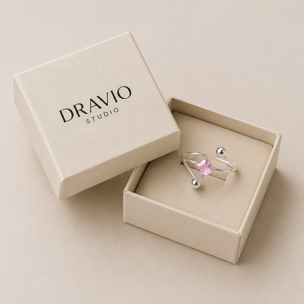 Pink Crystal Open Ring – Silver
