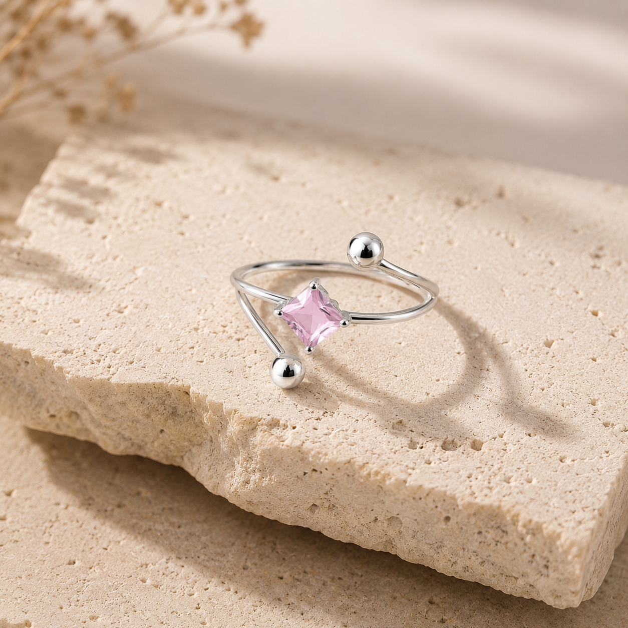 Pink Crystal Open Ring – Silver